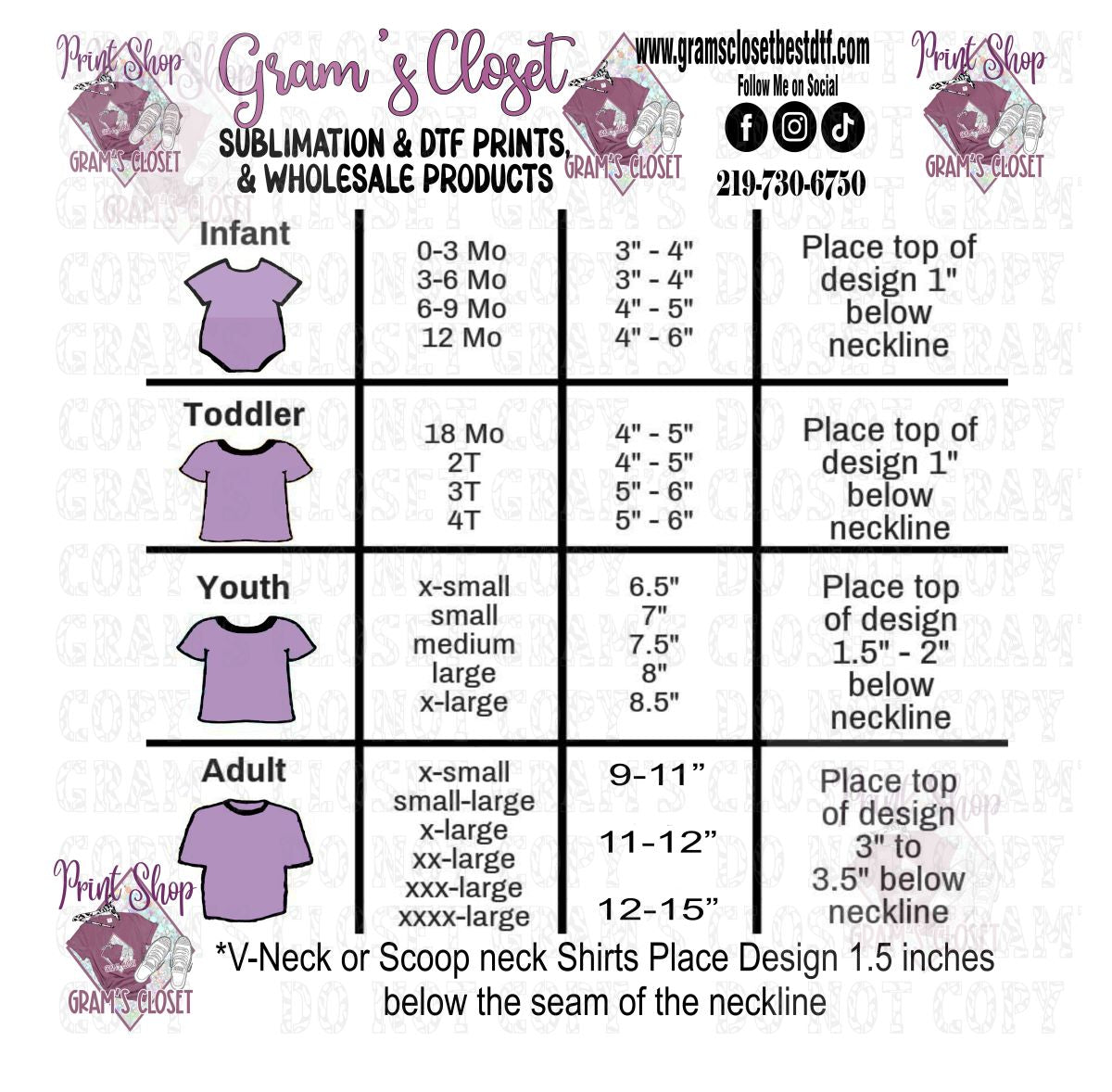 Transfer Size by Apparel Size Chart – Blanks by Grams Closet DTF Print ...